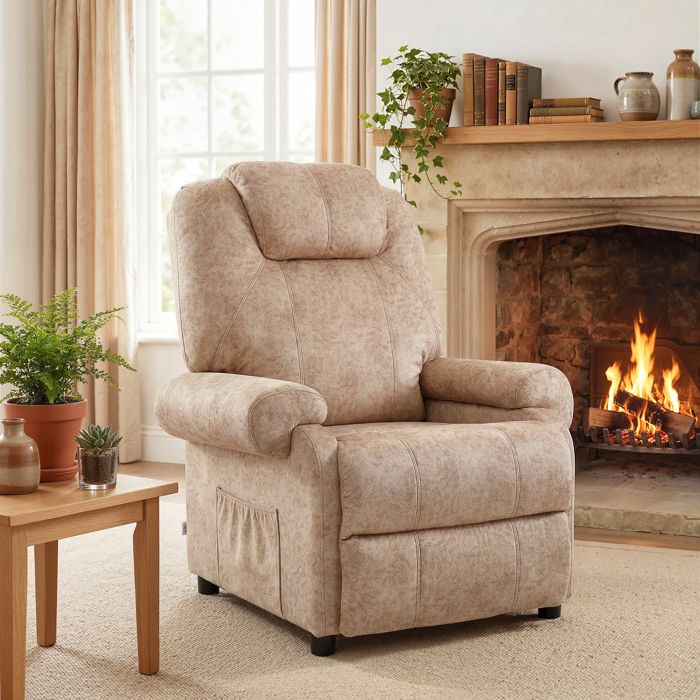 Fauteuil relax manuel inclinable en tissu beige avec repose-pieds escamotable et poche latérale