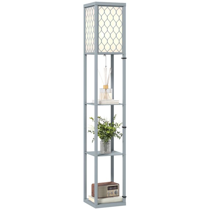 Lampadaire avec étagères lampadaire sur pied de salon 3 niveaux interrupteur à tirette 26 x 26 x 160 cm gris et blanc