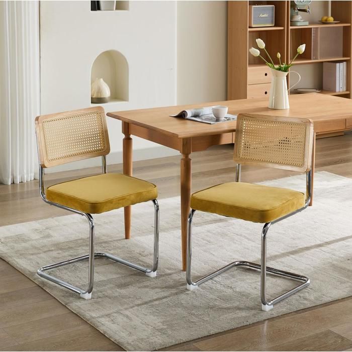 Lot de 2 chaises de salle à manger AESVAR en velours dossier en cannage base chromée cantilever doré