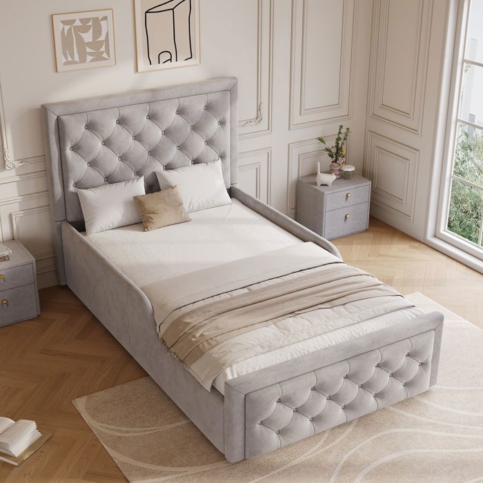 Lit coffre enfant - MERAX - 90 x 200 cm Velours gris - Sommier relevable hydraulique - Tête de lit capitonnée - Grand coffre Lit coffre enfant - MERAX - 90 x 200 cm Velours gris - Sommier relevable hydraulique - Tête de lit capitonnée - Grand coffre