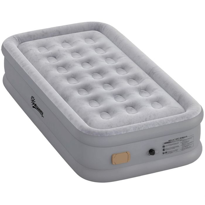 FSX Matelas autogonflant simple surface floquée avec pompe de gonflage et sac de transport gris