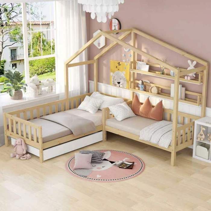 URTR Lit enfant 90x200cm forme L - Avec tiroirs étagères et barrières - Sommier à lattes - Naturel