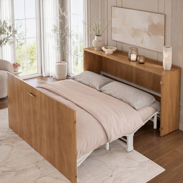 MEULVA Lit escamotable 140 x 200 cm avec matelas structure métal et bois roulettes silencieuses