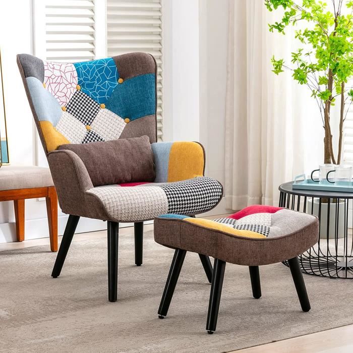 fauteuil patchwork scandinave salon ,pouf et oreiller lombaire cadeau pieds bois massif ,housse en lin multicolore