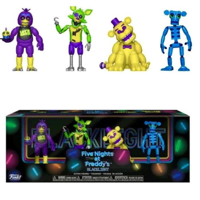 lot 4 personnages boite F Five Nights At Freddy S : Chica Foxy Golden Freddy Animatronic Skeleton BLACKLIGHT lot 4 personnages boite F Five Nights At Freddy S : Chica Foxy Golden Freddy Animatronic Skeleton BLACKLIGHT