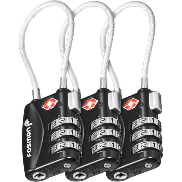 Lot de 2 cadenas de sécurité TSA007 - Cadenas de voyage et 3 chiffres auto-réglés - Différentes combinaisons - Noir