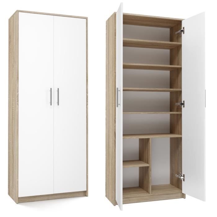 PARLA - Armoire moderne 6 étagères - 180x74x35cm - Meuble de rangement - Armoire bureau - Blanc et Sonoma