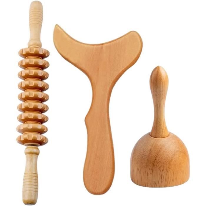 3 PièCes Rouleau de Massage en Bois Corps Gua Sha Grattage Pagaie