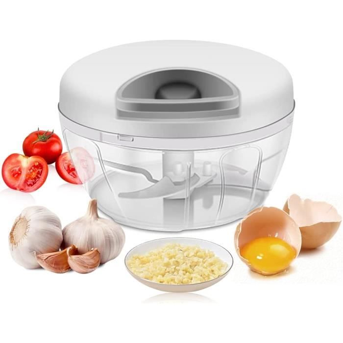 Hachoir Manuel à Cordon - Pour Légumes, Ail, Oignons, Herbes - Blanc - Lames Inox