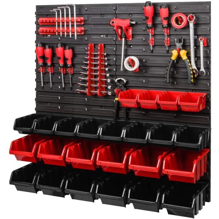 lagersystem | 772 x 780 mm | étagère murale avec boîtes empilables - 42 pièces - rouge porte-outils + rouge/noir boites