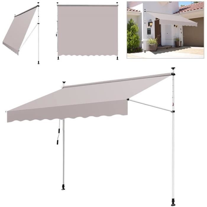 Store De Balcon Rétractable HENGMEI 350x120 Cm - Sans Perçage, Réglable En Hauteur (2-3m), Tissu Gris Foncé Anti-UV