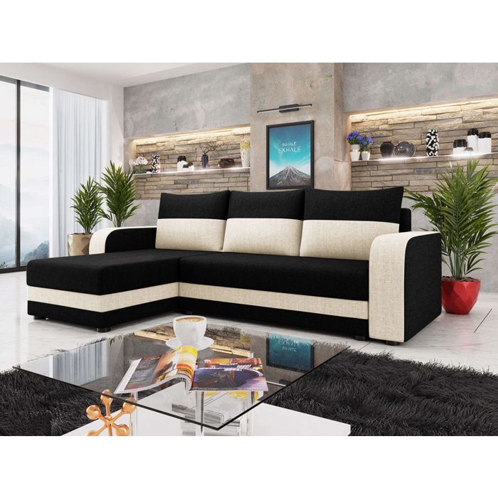 Harvey - Canapé dangle réversible 4 places convertible avec coffre en tissu bicolore - Noir / Beige