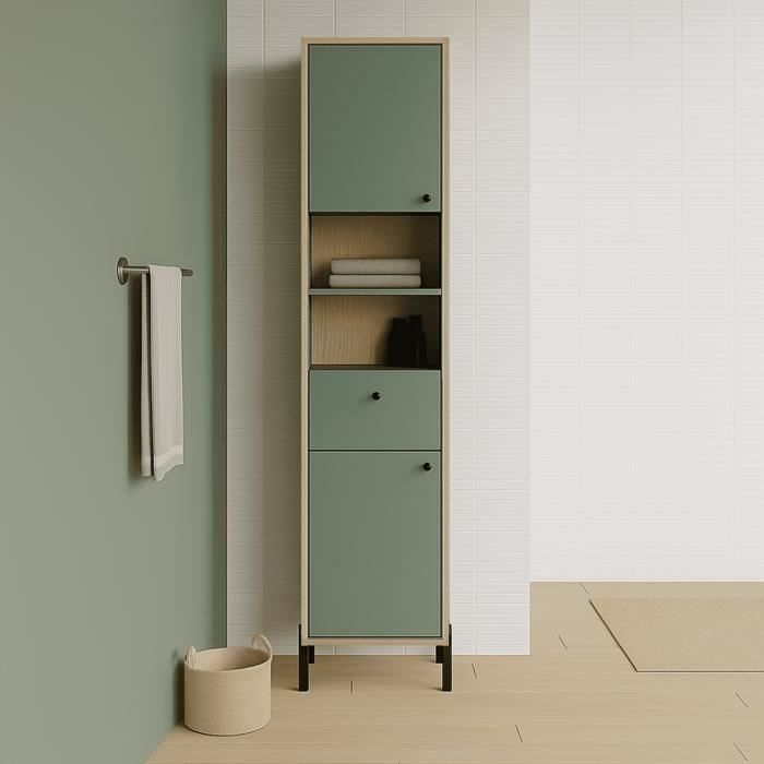 Meuble de salle de bain - Colonne - 2 portes - tiroir + niches - L388 x P33 x H2015cm - Vert et chêne - DEMEYERE