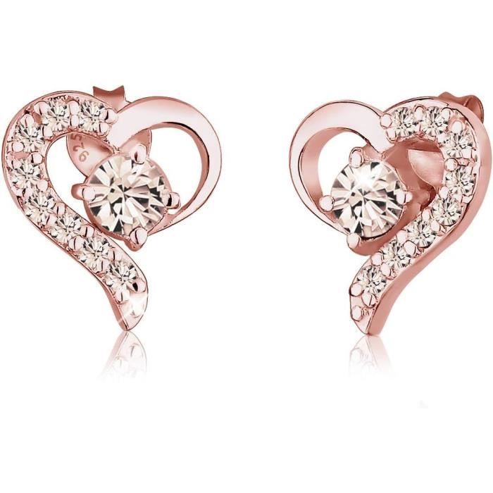 Boucles Oreilles Pendant Coeur Rose Diamant Cz 10mm Argent Massif 925 0