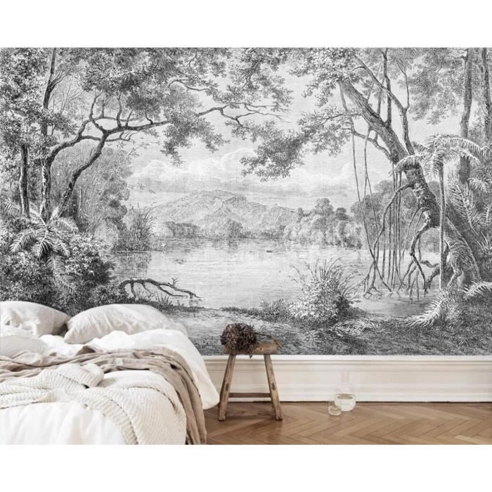 Papier Peint Panoramique 3D Forêt En Noir Et Blanc Jungle Peinte À La ...