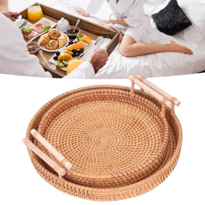 Plateau Rond En Rotin Tissé Main - Décoration Bohème Pour Table Basse Ou Salle à Manger - Style Naturel Et Moderne