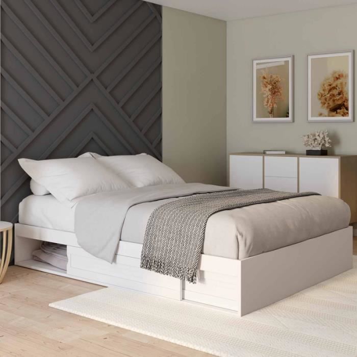 idmarket cadre de lit salem avec rangements et sommier 140 x 190 cm blanc