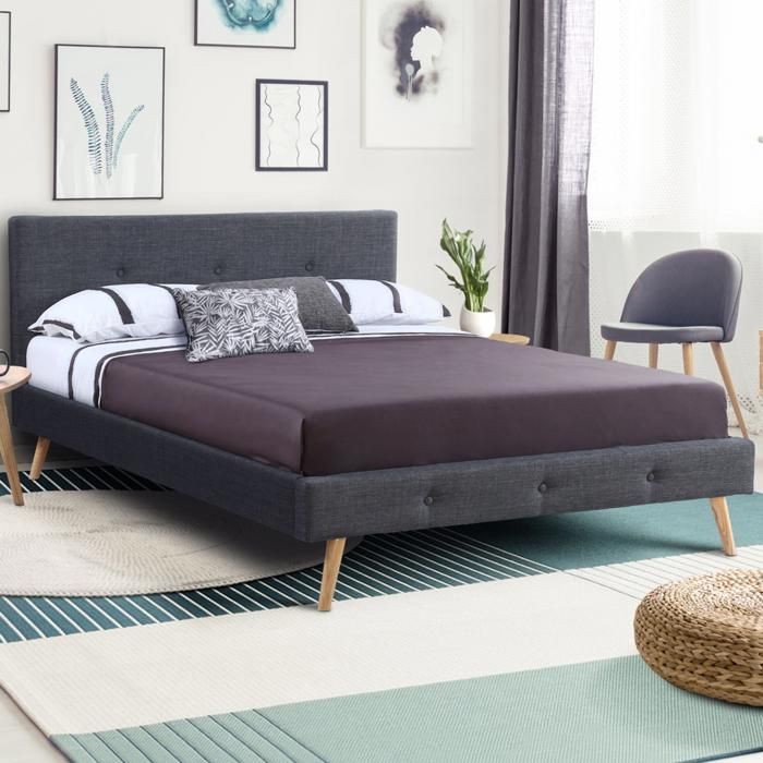 IDMARKET Lit double scandinave OSLO avec tête de lit et sommier 140 x 190 cm tissu gris anthracite IDMARKET Lit double scandinave OSLO avec tête de lit et sommier 140 x 190 cm tissu gris anthracite
