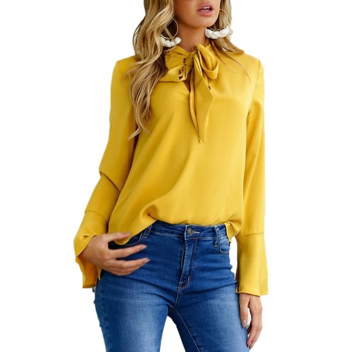 Minetom Femme Fille Elegant Casual T shirt Chemisier Blouse Bretelle Tops Manches Longues Col V Bowknot Tee Jaune Cdiscount Pret a Porter