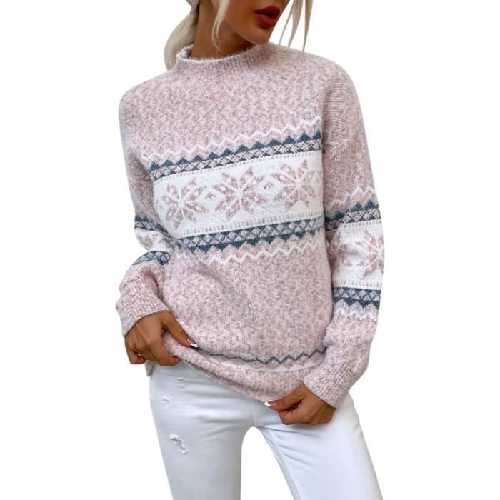 Pull de Noël Vêtements d'hiver Femme Col roulé Motif flocon de  neige Rose
