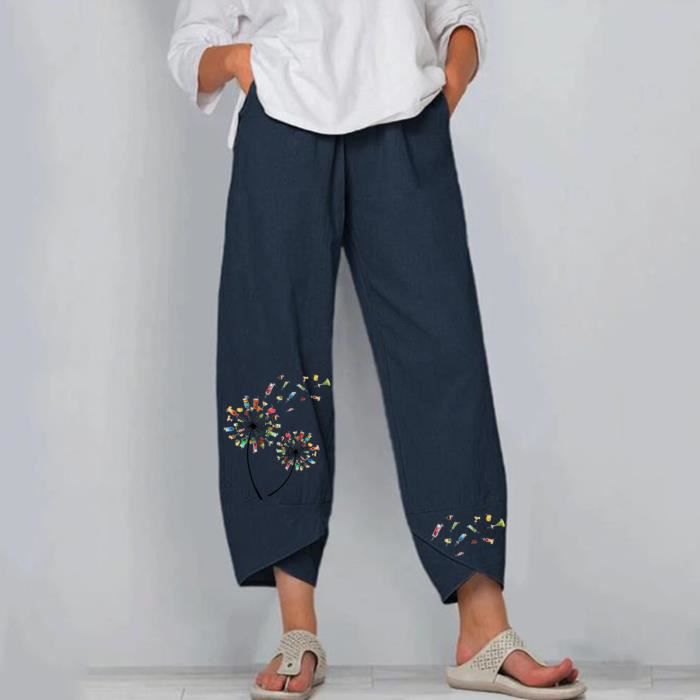 PANTACOURT Pantalon ample décontracté d'été pour femme en coton et lin brodé Bleu