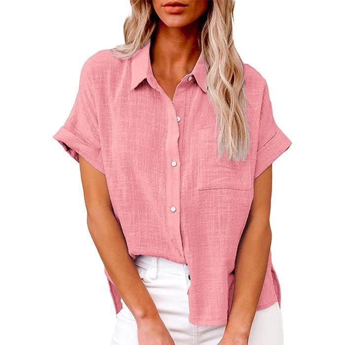 Chemisette d ete en lin pour femme Manches courtes Col en V Grandes tailles Tunique en lin Couleur unie ample et elegant Rouge Rouge Cdiscount Pret a Porter