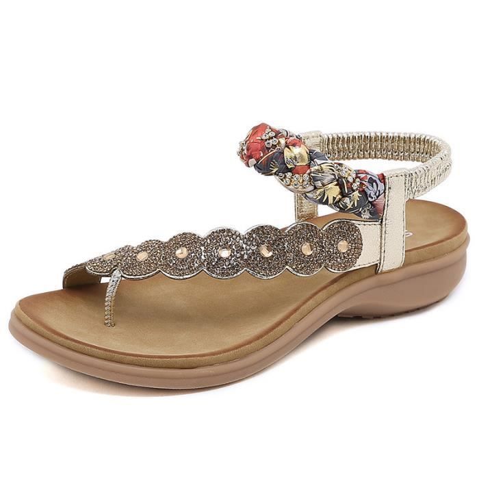 Sandales Femmes Plates été - Style Bohème Avec Perles Et Strass, Semelle Souple TPR, Cheville élastique - Confortables Pour Plage, Vacances, Sortie