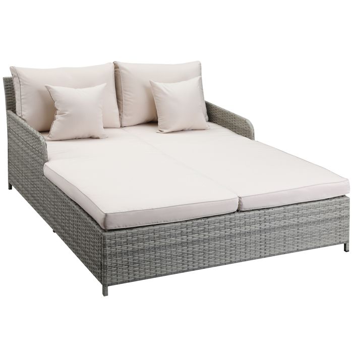 Outsunny Lit canapé double pour jardin en résine tressée PE avec matelas, accoudoirs et 4 coussins - gris et beige