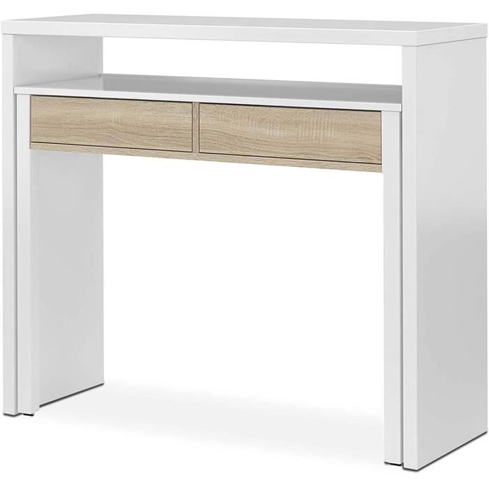 table console extensible convertible en bureau coloris blanc et chêne - hauteur 88 x longueur 99 x profondeur 36-70 cm