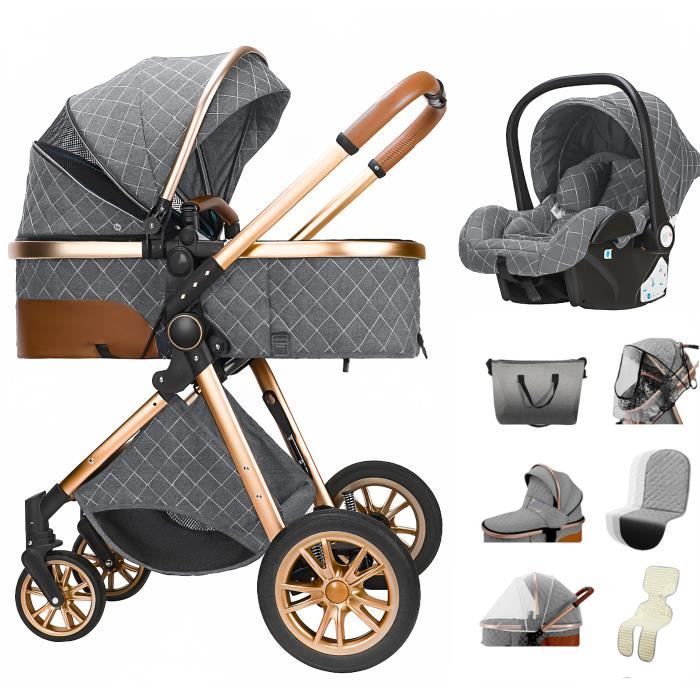 Poussette 3 en 1 Bébé Enfant Siège-Auto Nacelle Réversible Réglable Haute Qualité Roues increvables Canne Luxe Gris.swapbuyfr