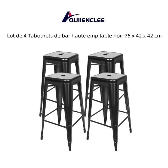 Tabourets de bar haute empilable noir - QUIIENCLEE - Lot de 4 - Industriel - Loft - Non réglable en hauteur