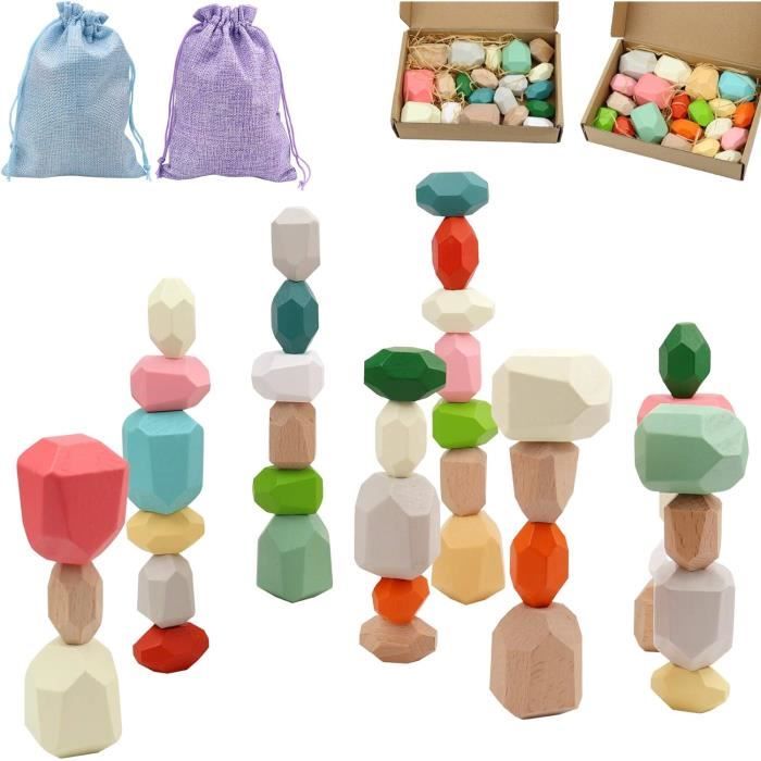 Jeu D’Empilage De Pierres En Bois 20 Pièces – Blocs Montessori Colorés – Équilibre Et Créativité
