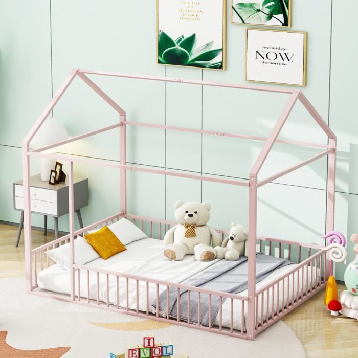 lit enfant - sunfecili - 140x200cm - lit cabane en métal - rose
