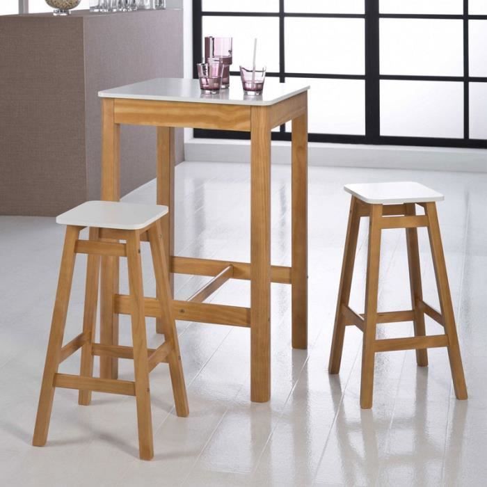 Table Haute Carree 2 Tabourets Blanc Et Bois Guzman L 60 X L