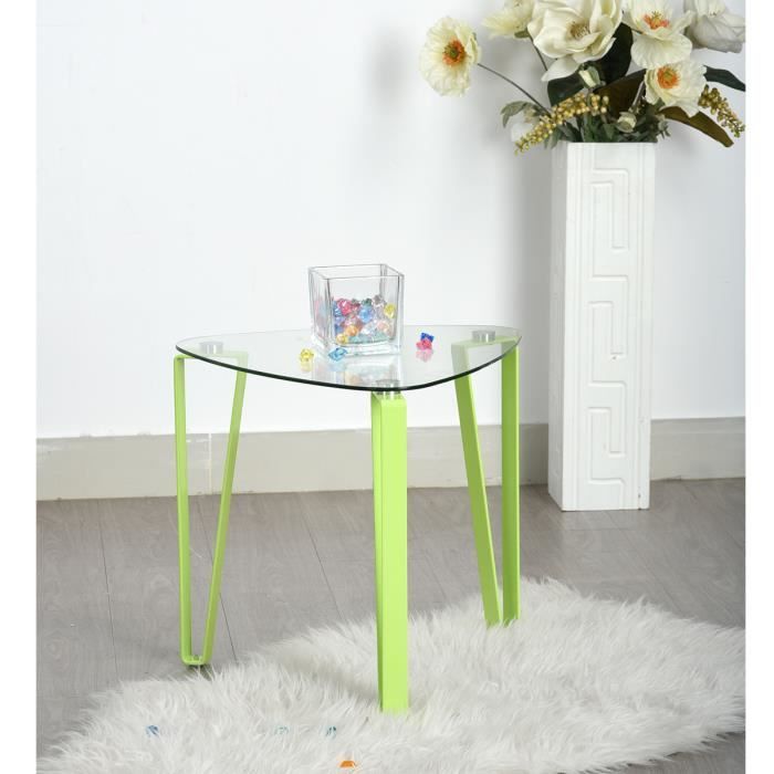 urban meuble table basse triangle en verre avec pieds en métal vert, 44x44x42cm