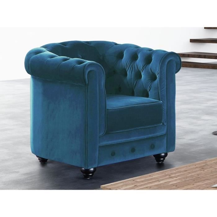 fauteuil chesterfield - vente-unique - velours bleu canard - style vintage - confortable