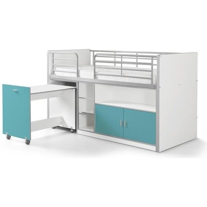 lit combiné compact bonny 90x200 cm - vipack - blanc et turquoise - bureau et rangements