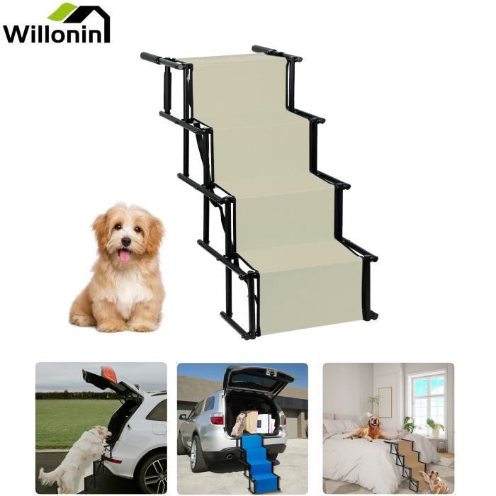 Comparer les prix de Willonin® Escalier à 4 Marches Pliable de chiens, Pont Rampe portable dans voitures, 139x45x(56-76) cm, Beige