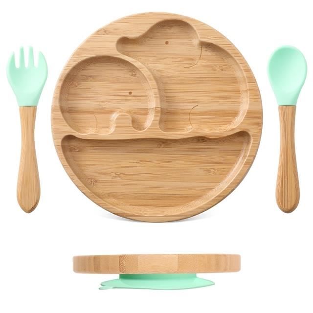 Assiette Bébé Bambou Avec Ventouse - Anti-Renversement Pour Enfant Dès 6 Mois - Sans BPA - Design Pingouin Bleu