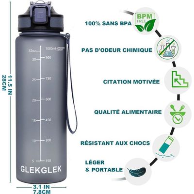 CS COSDDI Gourde Sport 1L Anti-Fuite Avec Paille - Marqueur Temps - Sans BPA - Noir Gris