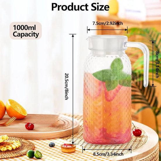 Lot De 2 Pichets En Acrylique 1 Litre Sans BPA - Transparents, Incassables, Avec Couvercle, Pour Jus, Eau, Lait