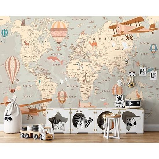 Sticker Mural enfant carte du monde animaux - TenStickers