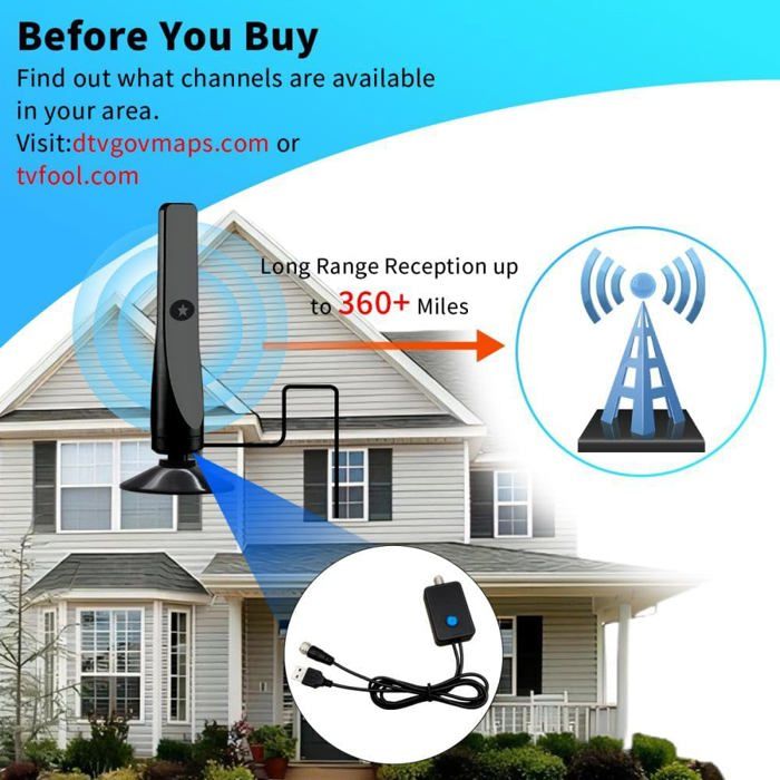 AQSQWQ Antenne TV Intérieure TNT HD 4K - Amplificateur Signal Booster, Câble 5m, Réception Puissante DVB-T DTMB