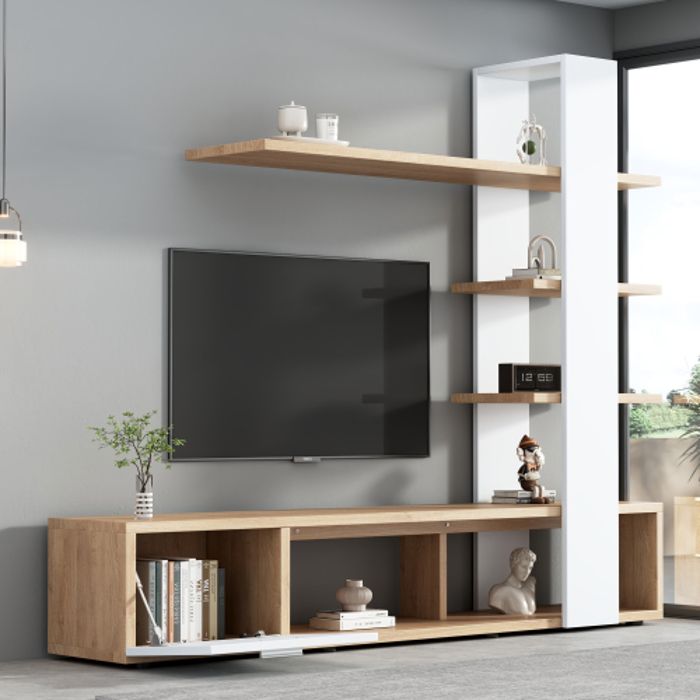 Meuble tv noir et bois avec 3 portes et 2 étagères, meuble tv avec LED