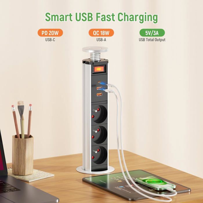 Aluminium Prise Encastrable Avec 2 USB C PD 30 W Avec Interrupteur, Multiprise Encastrable Plan De Travail 3 Prises Pour Cuisines Bureaux Salle De Réunion, 1.8M Câble, 2400W/10A