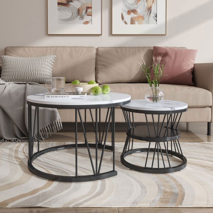 Lot De 2 Tables Basses Rondes Aspect Marbre Doré - Tables D'Appoint Empilables Salon Avec Rangement