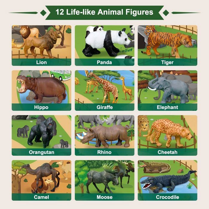 FRUSE Animal Toy for Children, 12 Piece Realistic Jungle Animals, Figurine Animals with Panda, Lion, Elephant, Educational Toys Gifts for Child Girl