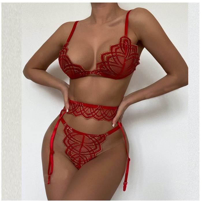 Sasaquoy Caraco Sexy Mode feminine Lingerie Rouge Dentelle Jarretiere Costume Trois Pieces Bikini Polyester Rouge Cdiscount Boutique Erotique