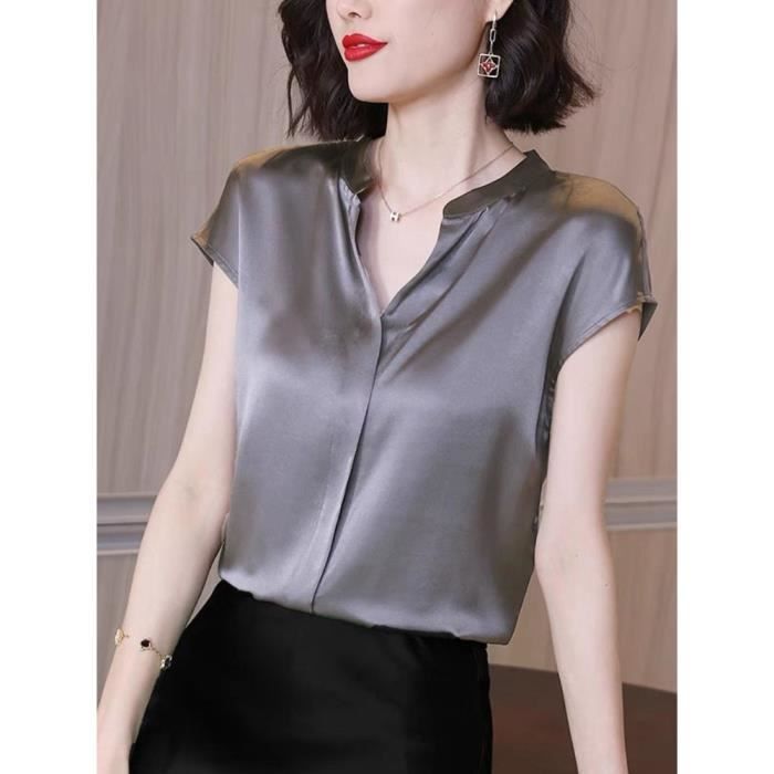 Chemise Chemisier en Satin a Manches Courtes pour Femme Haut de Bureau Col en V Couleur Unie Mode d Ete en Mousseline Black B5796 Blanc Cdiscount Pret a Porter