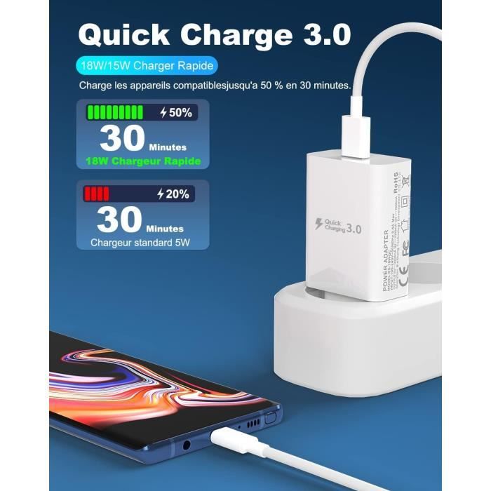 Chargeur Type C Charge Rapide pour Samsung Galaxy A14 A13 A12 4G/ 5G, S10,  S9, S8, A04S, A20e, A21S, A23, A32, A33, A40, A41, A50, A51, A53, Super  Fast Charging Secteur AVCE